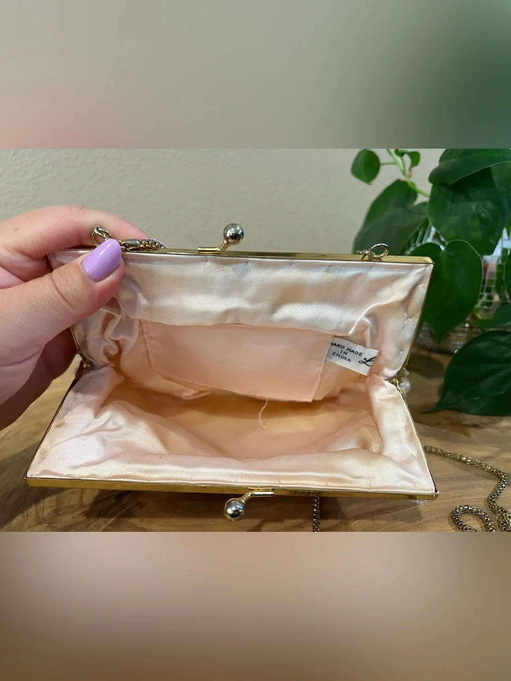 Vintage Beaded Cream Colored Evening Clutch with Gold Chain Strap